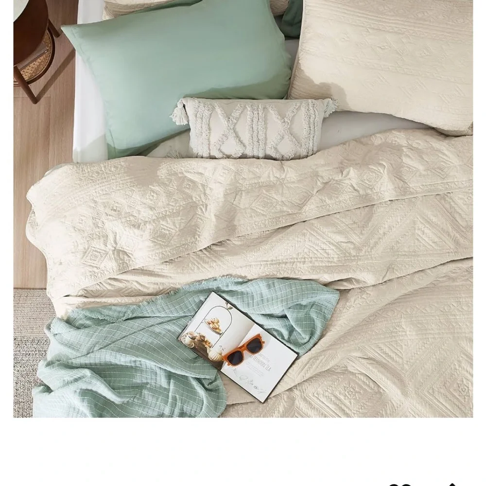 Boho Quilt Queen Size Beige, Modern Geometric Stitched Quilted Bedding Sets